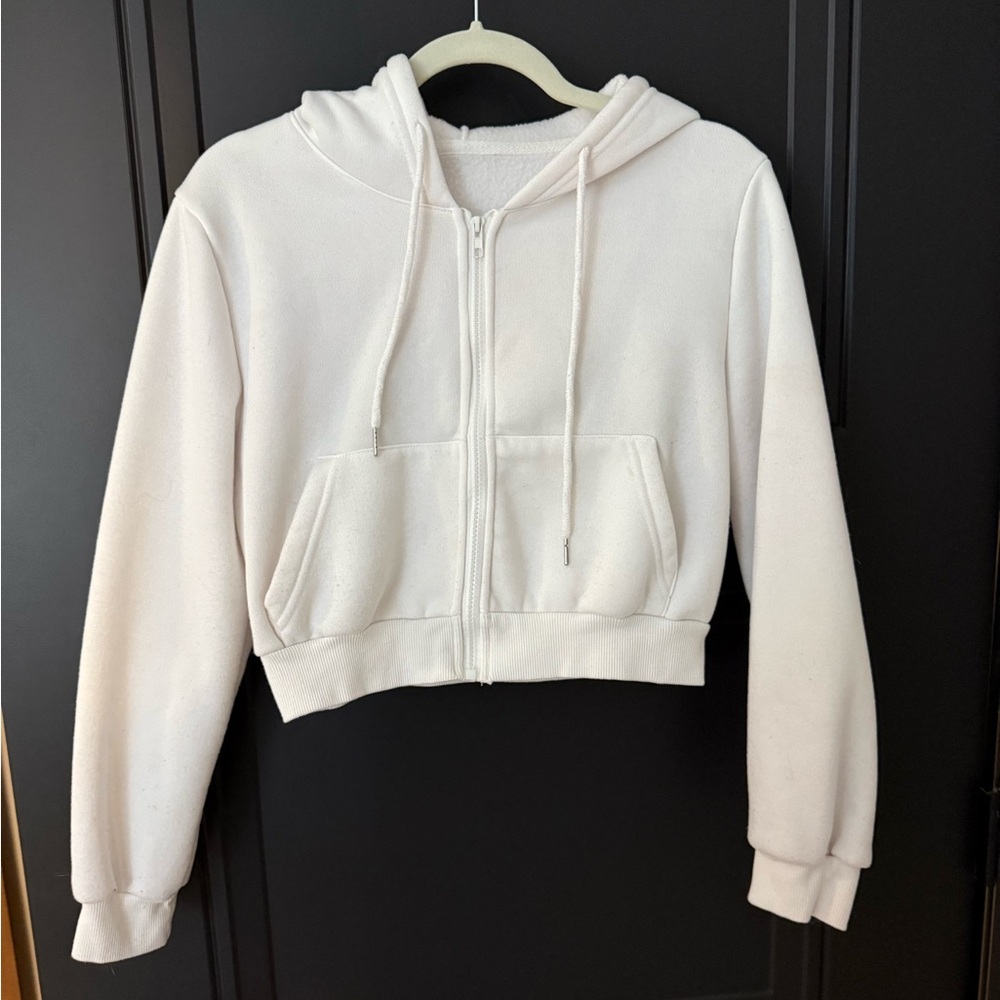 Cropped White Zip Up Hoodie
